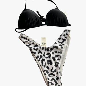 aerie size S/XS mismatch bikini SMALL black top and XS leopard bottom
